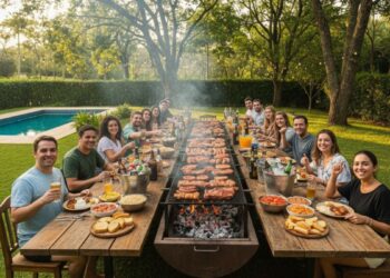 Pessoas reunidas em mesa ao ar livre aproveitando um churrasco para 20 pessoas com carnes, acompanhamentos e bebidas.