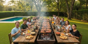 Pessoas reunidas em mesa ao ar livre aproveitando um churrasco para 20 pessoas com carnes, acompanhamentos e bebidas.