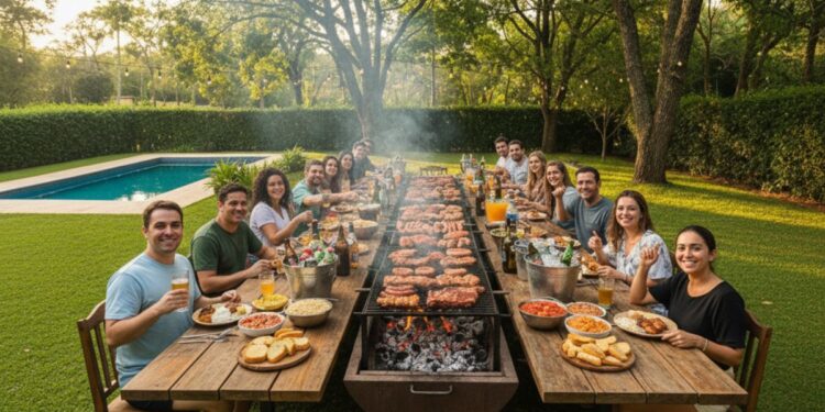 Pessoas reunidas em mesa ao ar livre aproveitando um churrasco para 20 pessoas com carnes, acompanhamentos e bebidas.