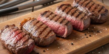 5 pontos da carne lado a lado em tábua de madeira.