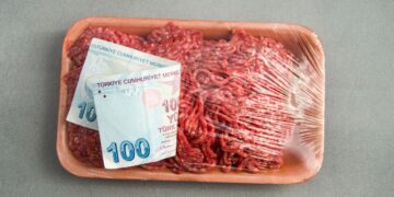 Preço da carne em alta representado por dinheiro sobre bandeja de carne moída