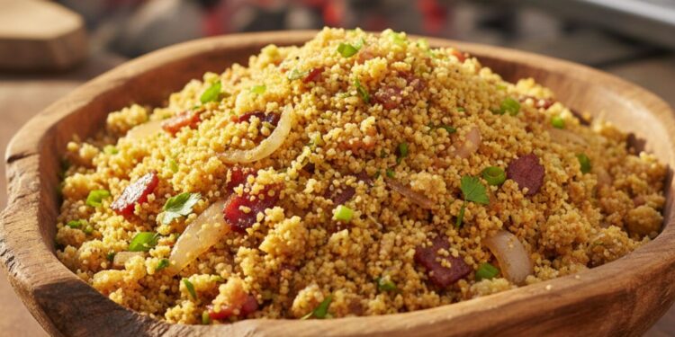 Farofa para churrasco crocante servida em travessa de madeira, com bacon, cebola e cheiro-verde, ao fundo churrasqueira com carnes na brasa