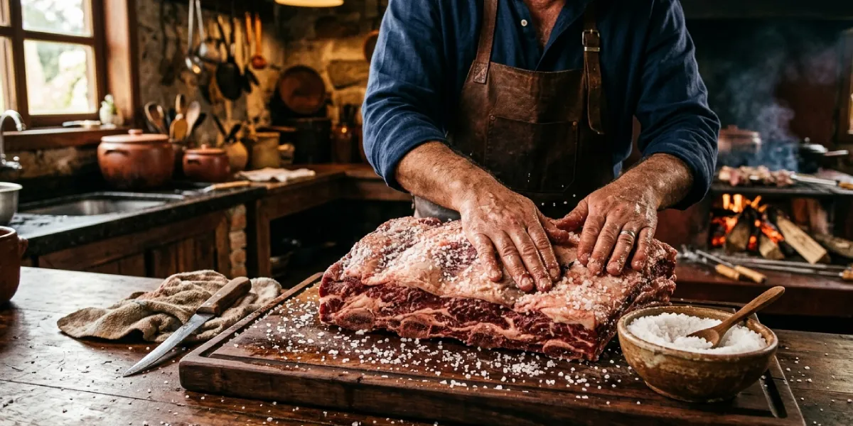 Preparando costelas bovinas com sal grosso para churrasco brasileiro