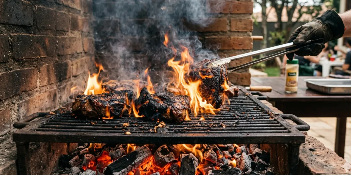 carne queimando na churrasqueira