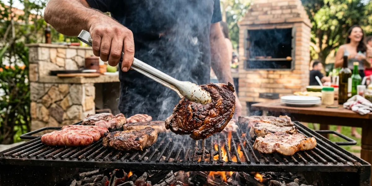 carne sendo virada na grelha