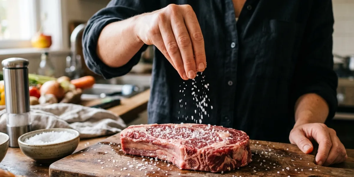 sal grosso sendo colocado na carne